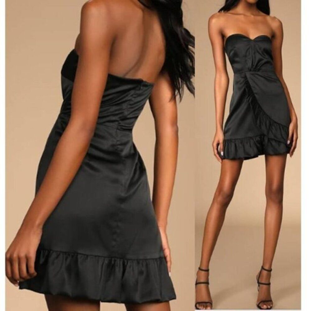 Lulus Women's Ruffled‎ Strapless Black Mini Dress